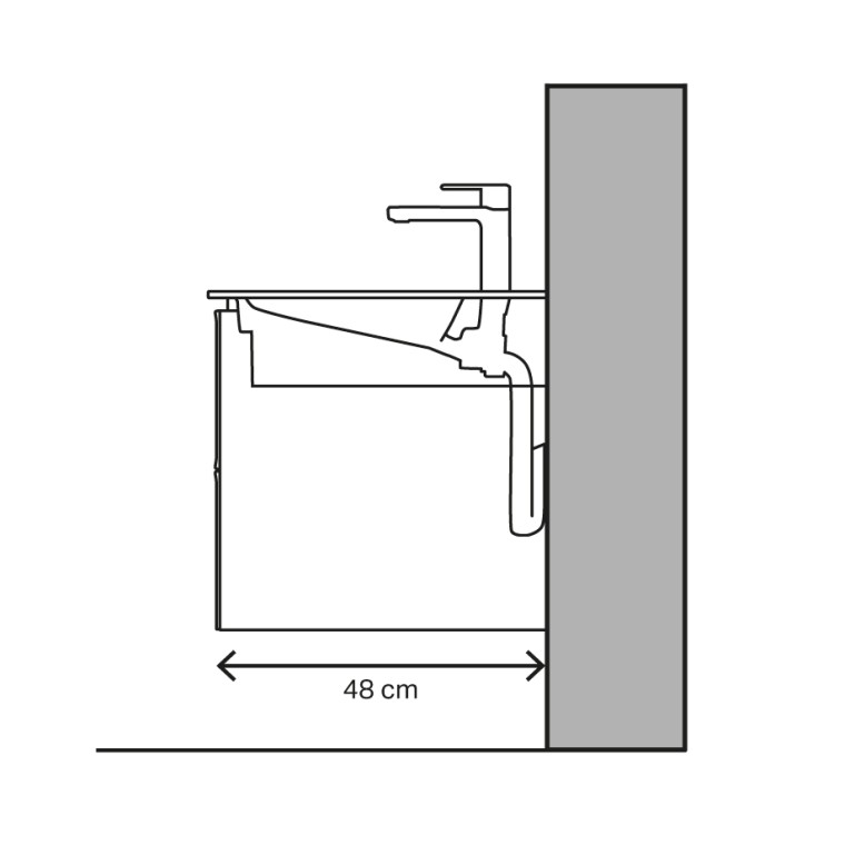 Slika umivaonika s projekcijom od 48 cm i horizontalnim odvodom Slika umivaonika s projekcijom od 48 cm i horizontalnim odvodom