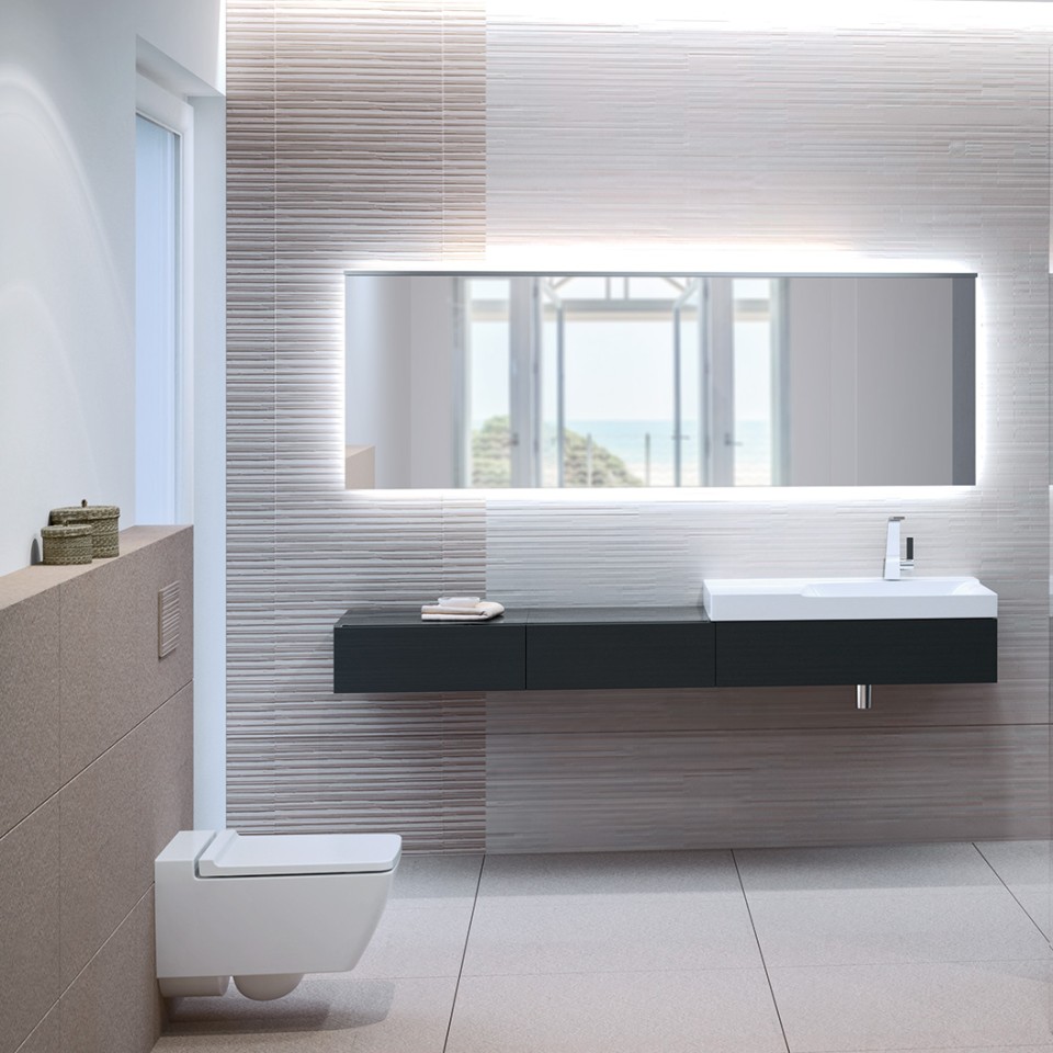 Kupaonica s Geberit Xeno² WC školjkom, tipkom za aktiviranje ispiranja Sigma70 i umivaonikom