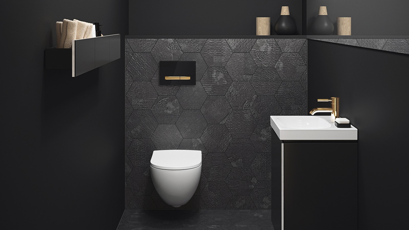 Zlatna armatura i tipkla za aktiviranje u kombinaciji s tamnim tonovima