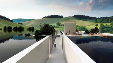  H.O.M.E. Haus 2022 od Hadi Teherani Architects na pozadini zelenih brežuljaka (©Bloomrealities/HTA für H.O.M.E. Haus 2022