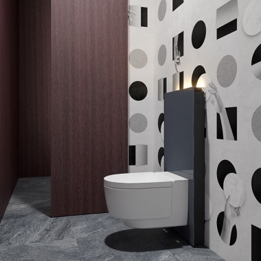 Kupaonica za goste s Geberit AquaClean Mera tuš WC uređajem i Monolith sanitarnim modulom (©Bloomrealities/HTA für H.O.M.E. Haus 2022)
