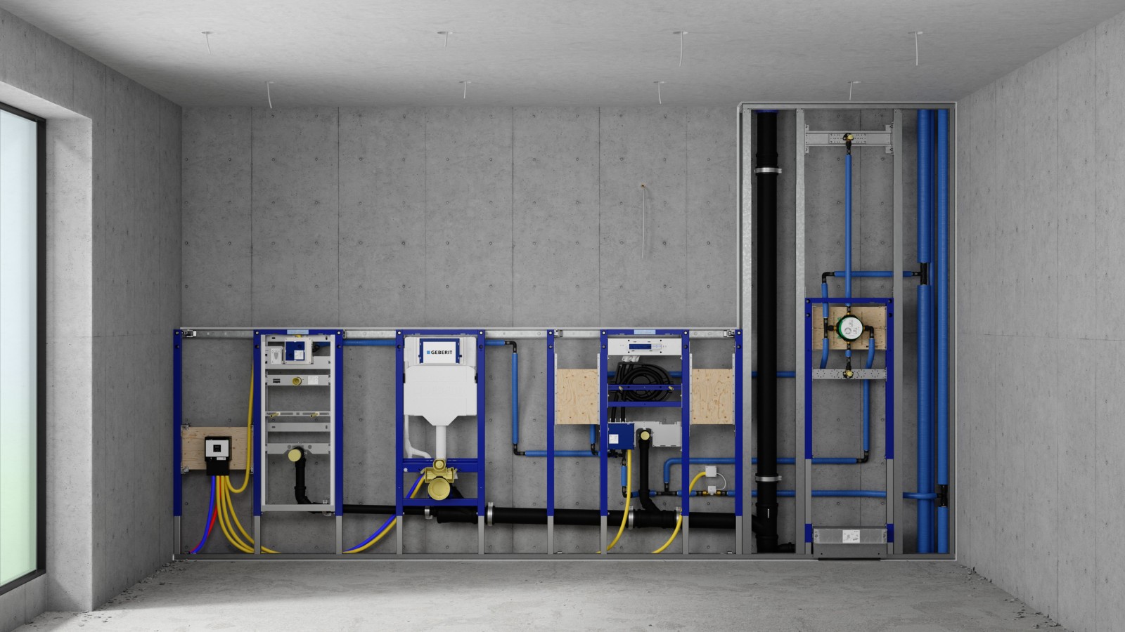 Instalacijski zid s Geberit Duofix elementima za pisoar, WC, umivaonik i tuš